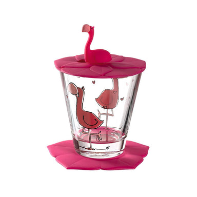 leonardo-bambini-kids-drinking-glass-set-cup,-saucer-&-lid-flamingo