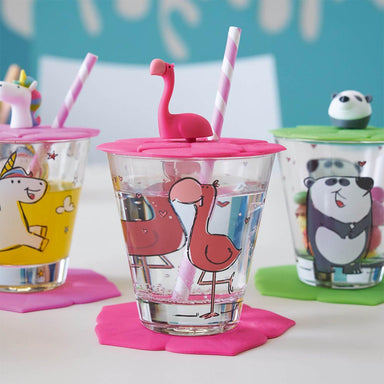 leonardo-bambini-kids-drinking-glass-set-cup,-saucer-&-lid-flamingo