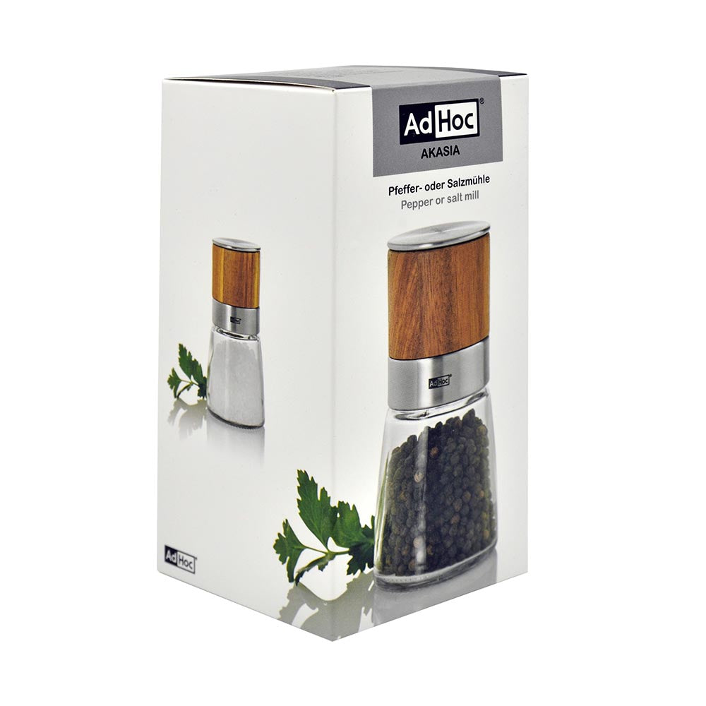 AdHoc Salt or Pepper Mill with CeraCut Grinder in Glass and Wood - AKASIA