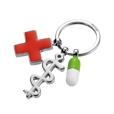 troika-keyring-keep-well-with-3-charms-rod-of-asclepius,-red-cross,-pill